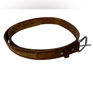 Brown Leather Belt with Silver Buckle and Decorative Braided Stitching